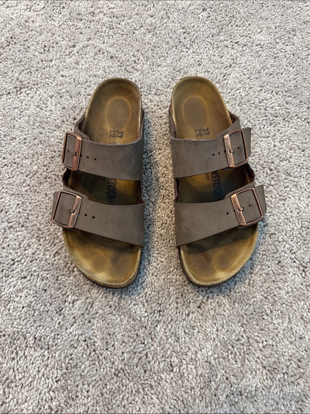 Birkenstock Brown Duo Strap Sandals with Copper Buckles